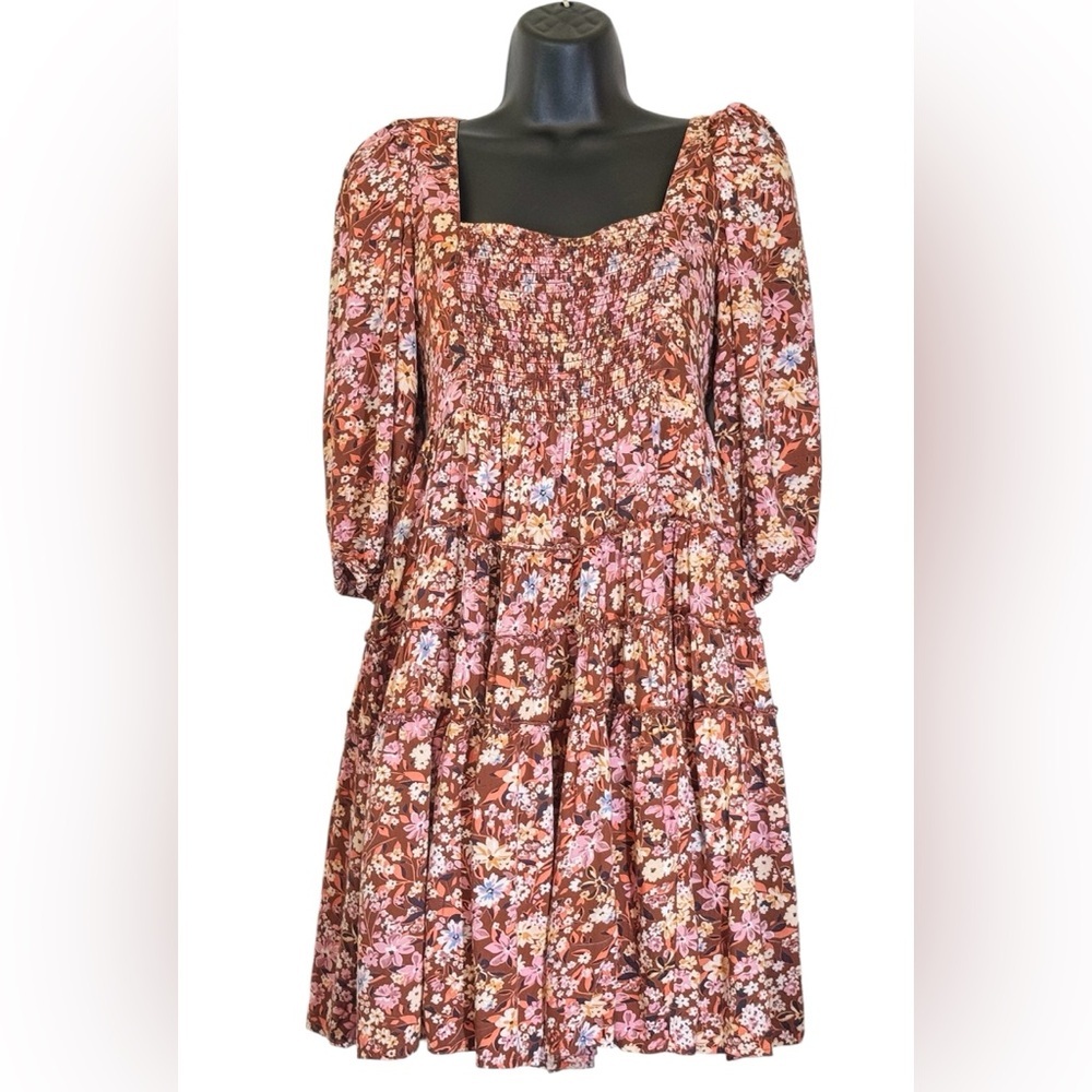 Gypsy Love Smocked Floral Puff Sleeve Mini Dress Boho Festival Style Size M